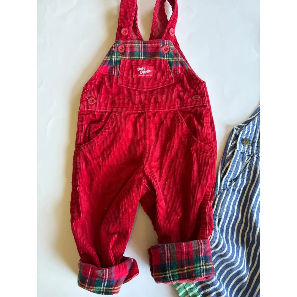 Vintage OshKosh Bgosh Baby Overalls Bundle Red Corduroy Hickory Stripe 12M USA